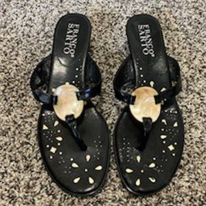 FRANCO SARTO * Black LEATHER Ivory SHELL Sandals FLIP FLOPS * 1-3/4" heel * 8 M